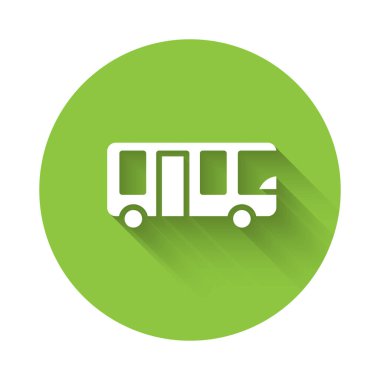 White Airport otobüs ikonu uzun gölgeli izole edildi. Yeşil daire düğmesi. Vektör.