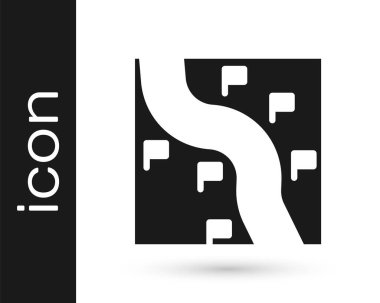 Siyah Yol konum simgesi beyaz arkaplanda izole edildi. Tren yolu güzergahının başlangıç noktası GPS ve tire çizgisi olan yolu. Vektör.