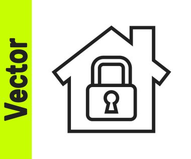 Beyaz arka planda izole edilmiş siyah çizgi ev koruma simgesi altında. Eve git ve kilitle. Koruma, güvenlik, güvenlik, koruma, savunma konsepti. Vektör İllüstrasyonu.