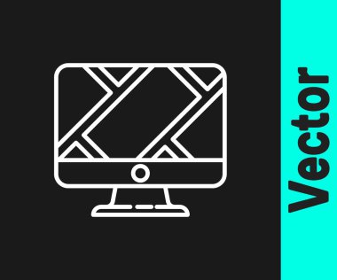 Beyaz çizgi bilgisayar monitörü ve katlanmış harita, siyah arkaplanda izole edilmiş konum imleci simgesi. Vektör İllüstrasyonu.