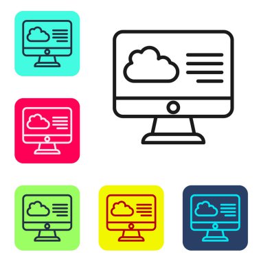 Siyah çizgi hava tahmini simgesi beyaz arkaplanda izole edildi. Renkli kare düğmelerle simgeleri ayarla. Vektör.