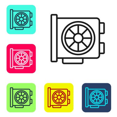 Siyah çizgi Video Grafik Kart simgesi beyaz arkaplanda izole edildi. Renkli kare düğmelerle simgeleri ayarla. Vektör.