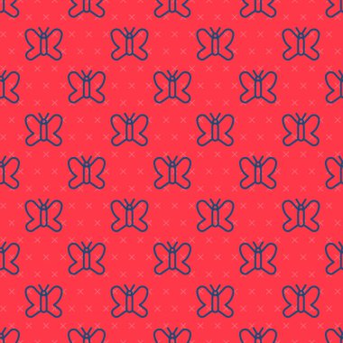 Mavi çizgi Kelebek simgesi kırmızı arkaplanda izole edilmiş kusursuz desen. Vektör.