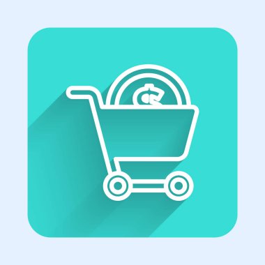 Beyaz çizgi alışveriş arabası ve dolar sembolü uzun gölgeli izole edilmiş. İnternetten satın alma konsepti. Teslimat servisi. Süpermarket sepeti. Yeşil kare düğmesi. Vektör.