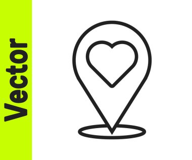 Beyaz arkaplanda kalp simgesi olan siyah çizgi haritası işaretçisi. Sevgililer Günü. Aşk yeri. Romantik harita iğnesi. Vektör.