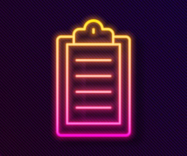 Parlayan neon hattı spor eğitim programı veya fitness planı simgesi siyah arkaplanda izole edildi. Vektör.