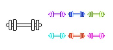 Beyaz arkaplanda siyah çizgi Barbell simgesi izole edildi. Kas kaldırma ikonu, fitness halteri, spor aletleri, egzersiz yaban domuzu. Simgeleri renklendirin. Vektör.
