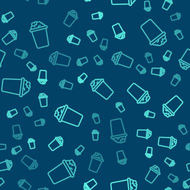 Sabun köpüğü ikonlu yeşil çizgi kovası mavi arkaplandaki pürüzsüz deseni izole etti. Sulu kase. Çamaşır yıkama, temizlik malzemeleri. Vektör.