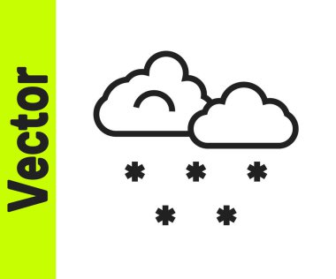 Beyaz zemin üzerinde kar ikonu olan siyah çizgi bulutu. Kar taneli bulut. Tek hava ikonu. Kar tabelası. Vektör.