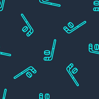 Yeşil çizgi buz hokeyi sopası ve disk ikonu mavi arka planda izole edilmiş pürüzsüz desen. Vektör.