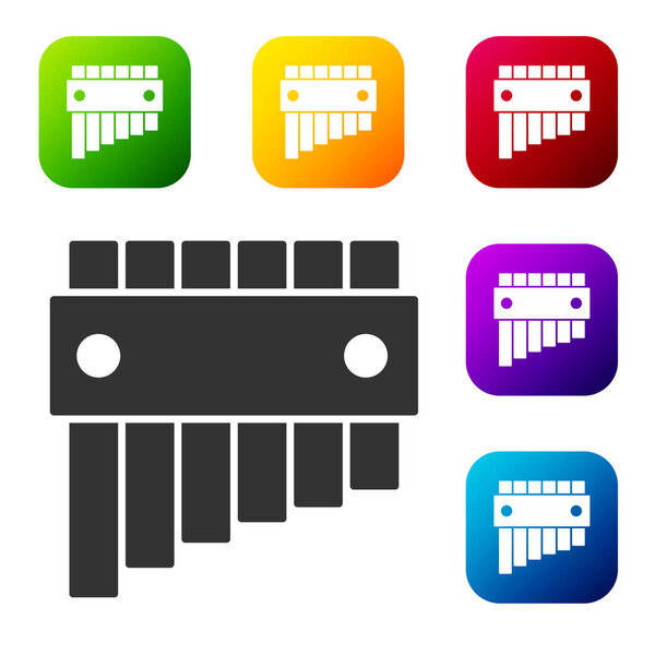 Black Pan flute icon isolated on white background. Traditional peruvian musical instrument. Folk instrument from Peru, Bolivia and Mexico. Set icons in color square buttons. Vector.