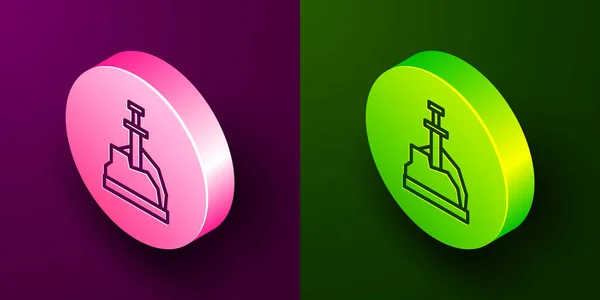 Ізометрична Лінія Меч Кам Яній Іконі Ізольована Фіолетовому Зеленому Фоні — стоковий вектор