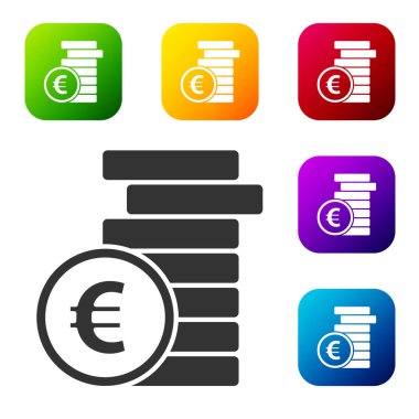 Beyaz arka planda izole edilmiş Avro sembollü siyah sikke parası. Bankacılık işareti. Para sembolü. Renkli kare düğmelerle simgeleri ayarla. Vektör İllüstrasyonu.