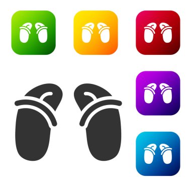 Siyah Terlik simgesi beyaz arkaplanda izole edildi. Plaj terlikleri tabelası. Renkli kare düğmelerle simgeleri ayarla. Vektör.