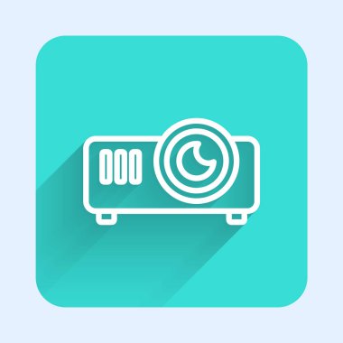 Beyaz çizgi sunumu, film, film, medya projektör ikonu uzun gölgeli izole edilmiş. Yeşil kare düğmesi. Vektör İllüstrasyonu.