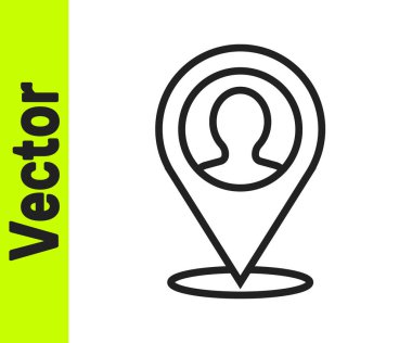 Beyaz arkaplanda izole edilmiş bir insan simgesinin silüeti olan siyah çizgi haritası. GPS konum sembolü. Vektör.