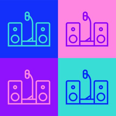 Pop Art Line ev müzik seti. Renkli arka planda iki hoparlör simgesi var. Müzik sistemi. Vektör.