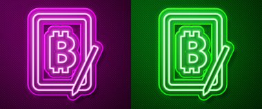 Mor ve yeşil arkaplanda izole edilmiş grafik tablet ikonundan parlayan neon hattı madencilik bitcoin. Kripto para birimi madenciliği, engelleme zinciri teknoloji servisi. Vektör.