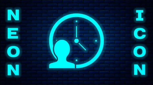 レンガの壁の背景に隔離されたネオンタイム管理アイコンを光る 時計とギアのサイン 生産性のシンボル ベクトル — ストックベクタ