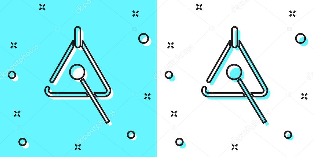 Black line Triangle musical instrument icon isolated on green and white background. Random dynamic shapes. Vector.
