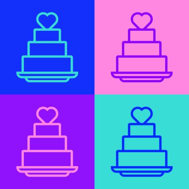 Pop Art Line Düğün pastası. Renkli arka planda kalp ikonu olan. Vektör.