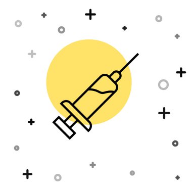 Beyaz zemin üzerinde serum simgesi olan siyah çizgi şırıngası. Aşı için şırınga, aşı, iğne, grip aşısı. Tıbbi ekipman. Rastgele dinamik şekiller. Vektör.