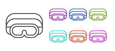 Siyah çizgi Kayak Gözlüğü simgesi beyaz arkaplanda izole edildi. Olağanüstü bir spor. Spor malzemeleri. Simgeleri renklendirin. Vektör.