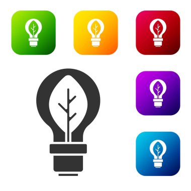 Beyaz arkaplanda yaprak simgesi olan siyah ampul. Çevre enerjisi kavramı. Alternatif enerji kavramı. Renkli kare düğmelerle simgeleri ayarla. Vektör.
