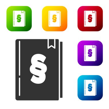 Siyah Yasa kitabı simgesi beyaz arkaplanda izole edilmiş. Yasal yargıç kitabı. Yargılama kavramı. Renkli kare düğmelerle simgeleri ayarla. Vektör.