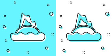 Okyanus ikonundaki siyah çizgi tropikal ada yeşil ve beyaz arka planda izole edilmiş. Okyanus ve palmiyelerle kaplı bir manzara. Seyahat et. Rastgele dinamik şekiller. Vektör.