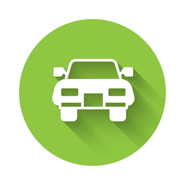 Icona White Car Isolata Con Lunga Ombra Pulsante Cerchio Verde — Vettoriale Stock