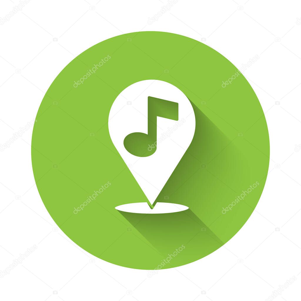 White Location musical note icon isolated with long shadow. Music and sound concept. Green circle button. Vector.