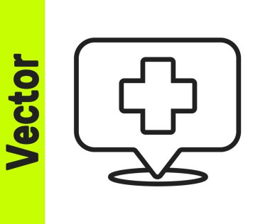 Siyah çizgi tıbbi harita işaretleyicisi beyaz arka planda izole edilmiş çapraz hastane ikonu. Vektör İllüstrasyonu.