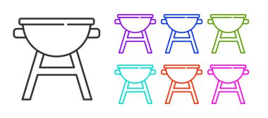 Siyah çizgi ızgara ikonu beyaz arka planda izole edildi. Barbekü ızgara partisi. Simgeleri renklendirin. Vektör.