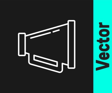 Beyaz çizgi Megafon simgesi siyah arkaplanda izole edildi. Sözcü işareti. Vektör.