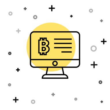 Beyaz arka planda izole edilmiş monitör simgesinden siyah çizgi madencilik bitcoin. Kripto para birimi madenciliği, engelleme zinciri teknoloji servisi. Rastgele dinamik şekiller. Vektör.