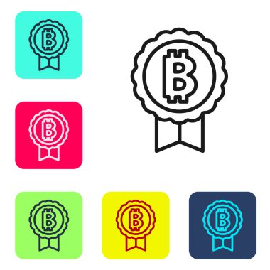 Siyah çizgi kripto para birimi Bitcoin simgesi beyaz arka planda izole edildi. Madeni para. Engelleme zinciri tabanlı şifreli para birimi. Renkli kare düğmelerle simgeleri ayarla. Vektör.