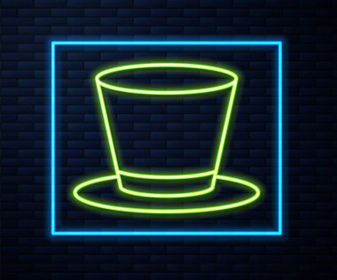 Parlayan neon hattı silindir şapka simgesi tuğla duvar arka planında izole edildi. Vektör.