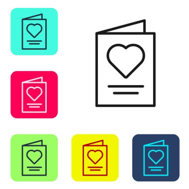 Siyah çizgi tebrik kartı simgesi beyaz arkaplanda izole edildi. Kutlama için davetiye ya da tebrik kartı şablonu. Renkli kare düğmelerle simgeleri ayarla. Vektör.