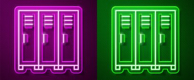 Parlak neon hat dolabı ya da hokey, futbol, basketbol takımı ya da mor ve yeşil arka planda izole edilmiş işçi ikonu için soyunma odası. Vektör.