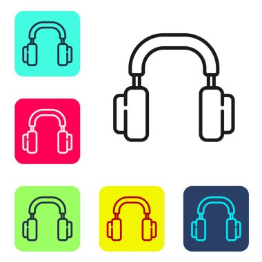Siyah çizgi kulaklık simgesi beyaz arkaplanda izole edildi. Kulaklıklar. Müzik, hizmet, iletişim ve operatör konsepti. Renkli kare düğmelerle simgeleri ayarla. Vektör.