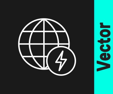 Siyah zemin üzerinde şimşek simgesi olan beyaz çizgi Küresel Enerji Gücü gezegeni. Ekoloji konsepti ve çevre. Vektör.