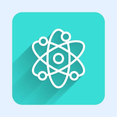 Beyaz çizgi Atom simgesi uzun gölgeli izole edildi. Bilimin, eğitimin, nükleer fiziğin, bilimsel araştırmaların sembolü. Yeşil kare düğmesi. Vektör.