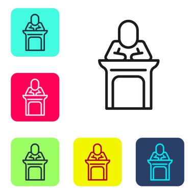 Siyah çizgi Yargıç simgesi beyaz arka planda izole edildi. Renkli kare düğmelerle simgeleri ayarla. Vektör.