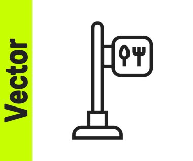 Siyah çizgili kafe ve restoran konumu simgesi beyaz arka planda izole edildi. Noktanın içinde çatal ve kaşık yeme işareti var. Vektör..