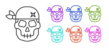 Siyah çizgi Kafatası simgesi beyaz arkaplanda izole edildi. Mutlu Cadılar Bayramı Partisi. Simgeleri renklendirin. Vektör.