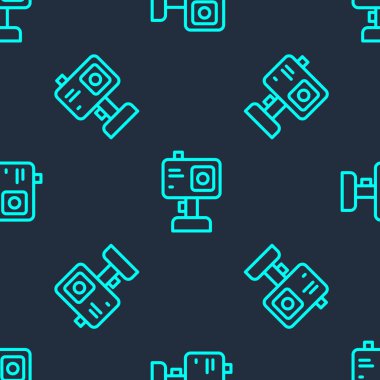 Yeşil çizgi Eylem ekstrem kamera simgesi mavi arkaplanda izole edilmiş kusursuz desen. Ekstrem sporları çekmek için video kamera ekipmanı. Vektör.