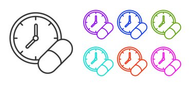 Siyah çizgi ilaç hapı ya da beyaz arkaplanda izole edilmiş tablet ikonu. Kapsül hapı ve uyuşturucu işareti. Eczane tasarımı. Simgeleri renklendirin. Vektör.