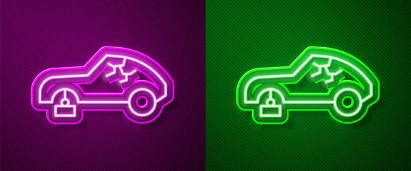 Glowing Neon Line Broken Car Icon Isolated Purple Green Background — Stock Vector