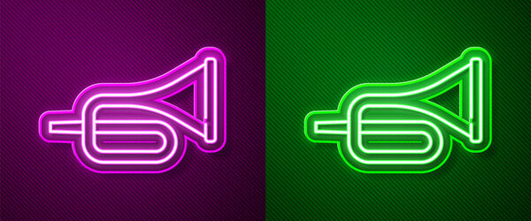 Glowing neon line Musical instrument trumpet icon isolated on purple and green background.  Vector.